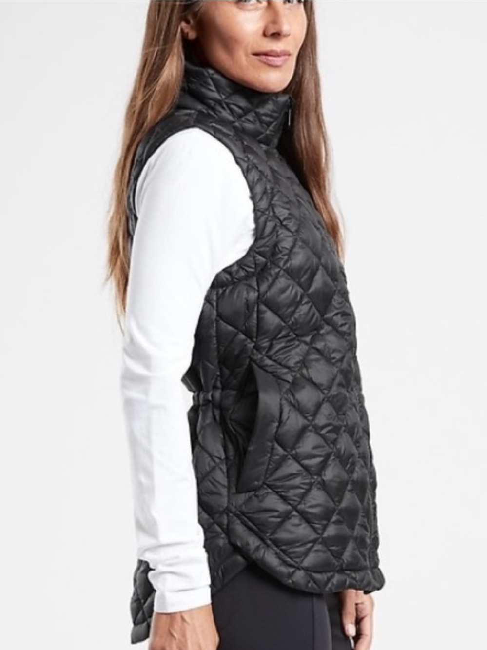Athleta Whisper Featherless Puff Cinch Waist Quilted Vest jacket Black Medium - Picture 3 of 16